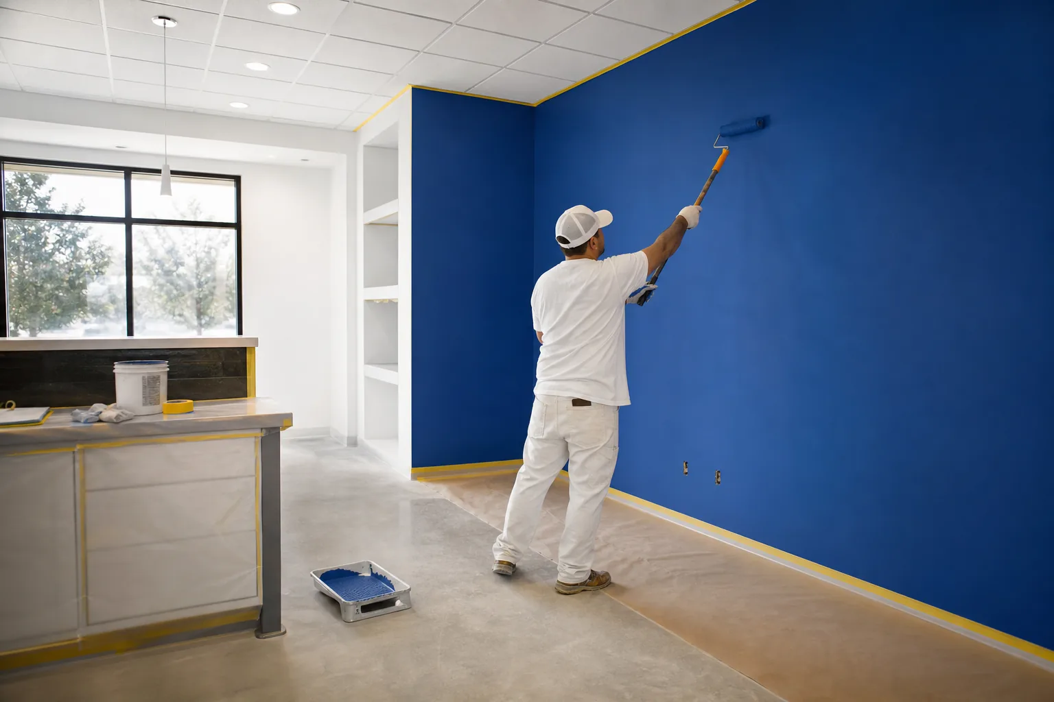 Contractor painting a royal blue feature wall in a protected commercial interior
