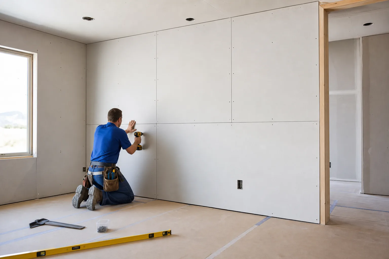 Contractor fastening new drywall panels in a protected residential room