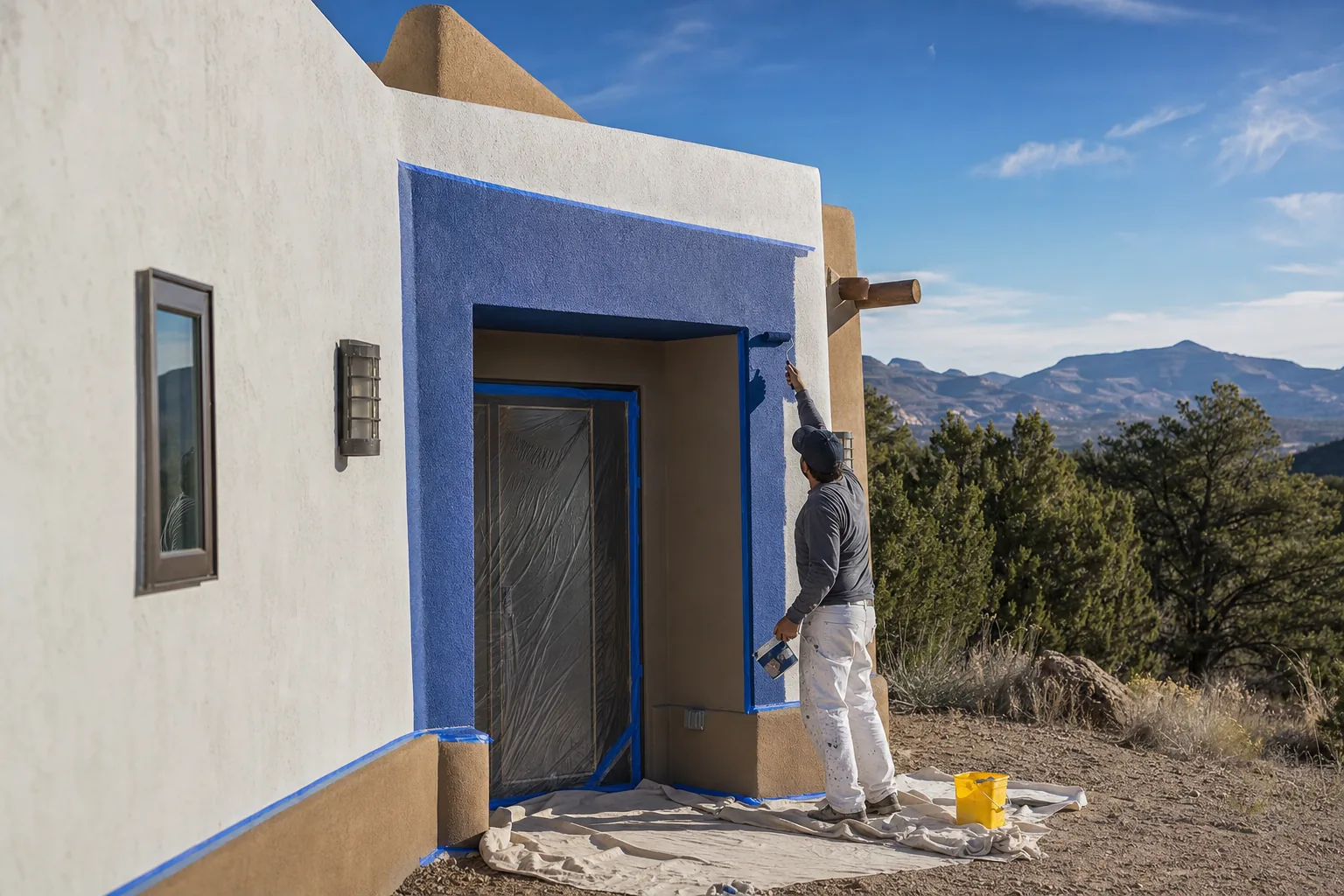 Contractor painting a blue accent on a masked stucco home exterior in New Mexico