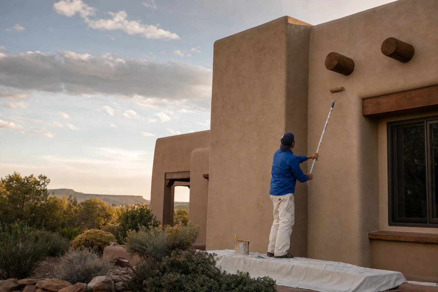 Contractor painting a northern New Mexico stucco home