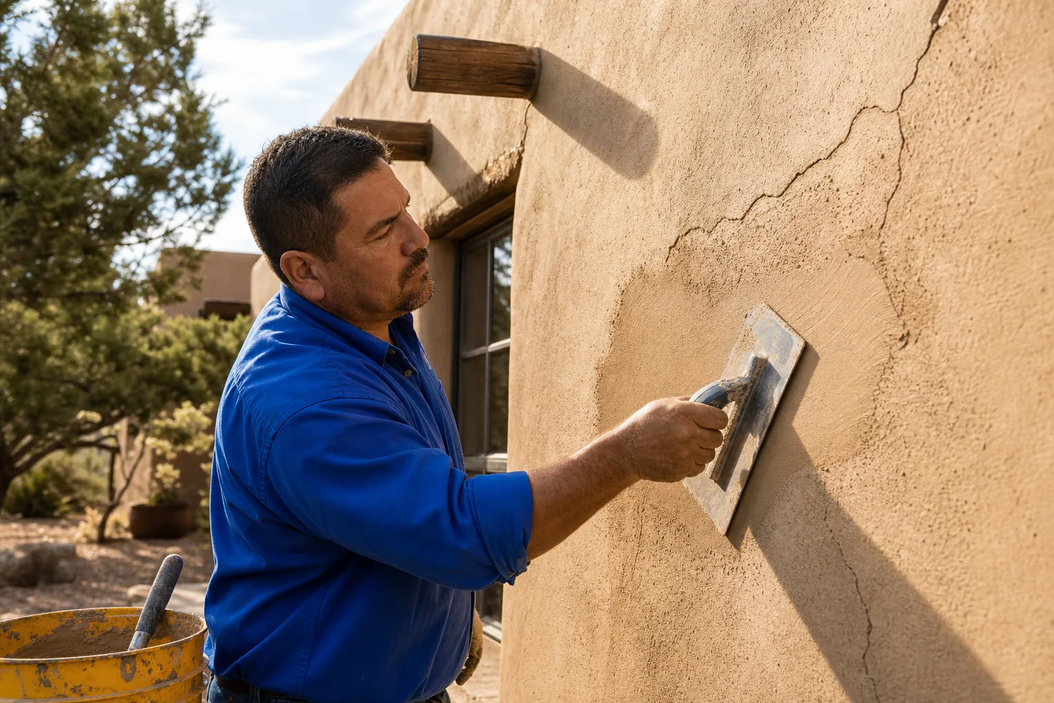 Craftsman blending a fresh stucco repair into a textured adobe-style exterior wall